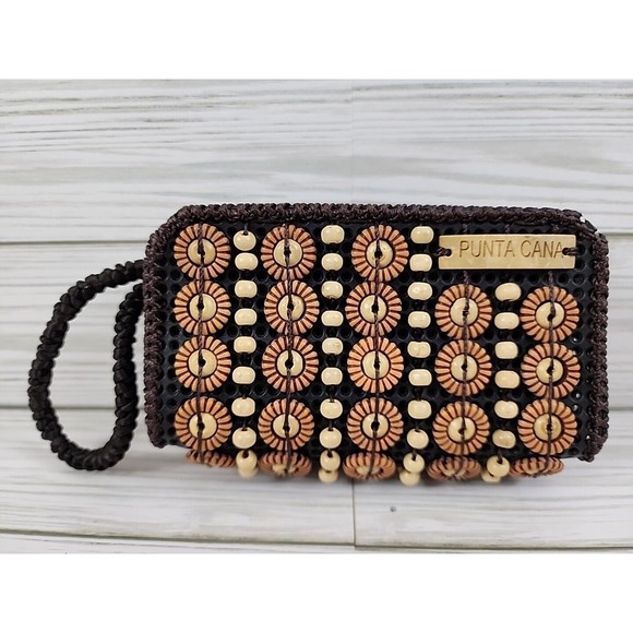 Punta Cana Dark Brown/Light Brown Beaded Wallet Wristlet Boho Hippie 2 Zippers - Picture 1 of 7